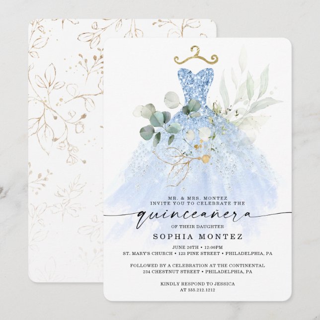 Invitation Aquarelle Verdure or Quinceañera Anniversaire Invi (Devant / Derrière)
