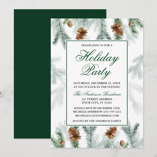 Invitation Aquarelle Verdure Pine Cône Fête de Vacances (Devant / Derrière)
