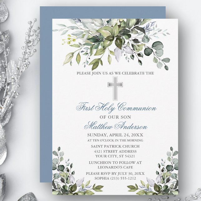Invitation Aquarelle Verdure Première communion Dusty Blue (Customize to change text color, size, style or to change color of back of card.)