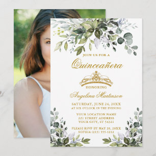 Invitation Aquarelle Verdure Quinceañera Gold Photo Retour