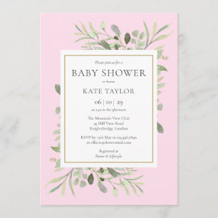 Invitation Aquarelle Verdure rose bébé fille Douche