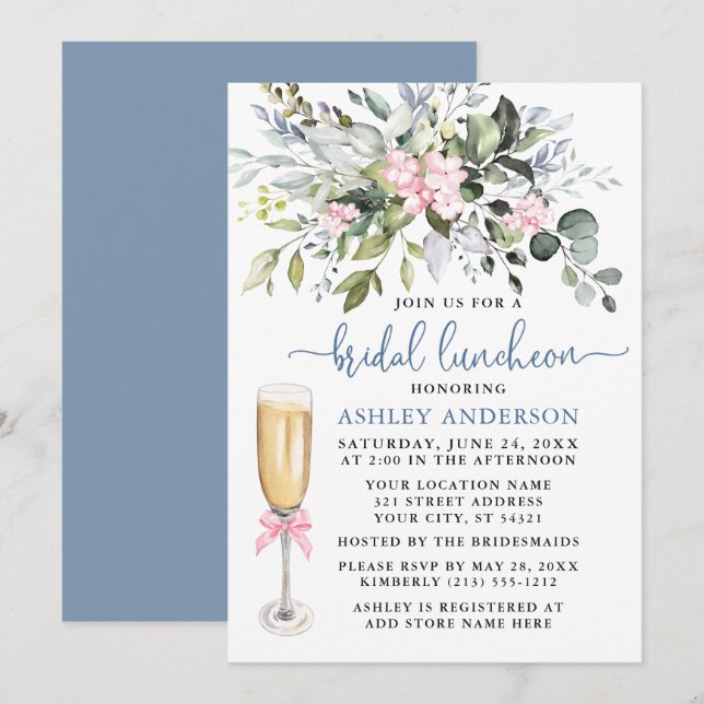 Invitation Aquarelle Verdure rose Dusty Blue Bridal Déjeuner (Devant / Derrière)