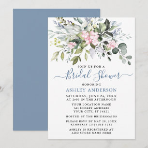 Invitation Aquarelle Verdure rose Dusty Fête des mariées bleu