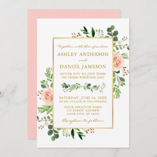 Invitation Aquarelle Verdure Rose Rose Blush Mariage or 