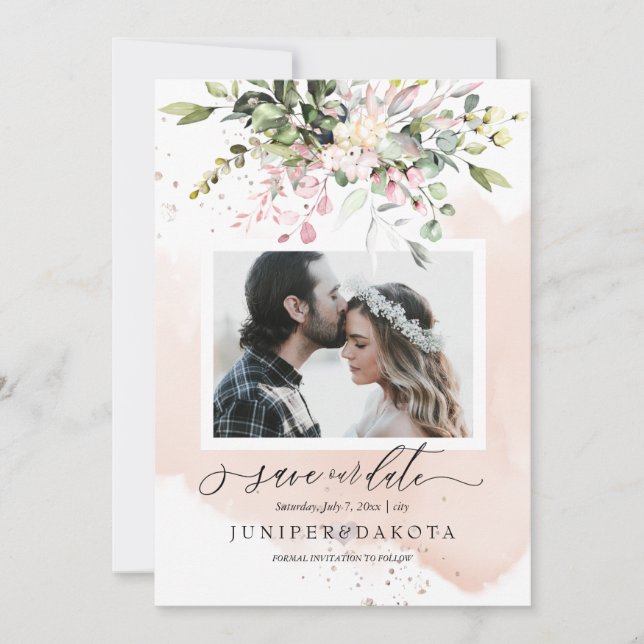 Invitation Aquarelle Verdure rose rose pâle Rose (Devant)