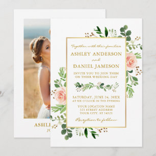 Invitation Aquarelle Verdure Roses roses rose Photo Mariage o