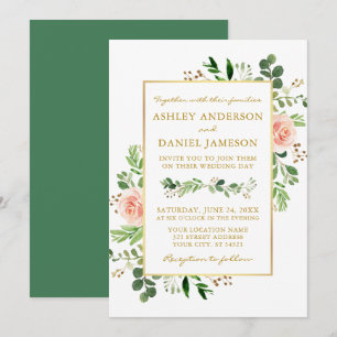 Invitation Aquarelle Verdure Roses roses roses Mariages Or