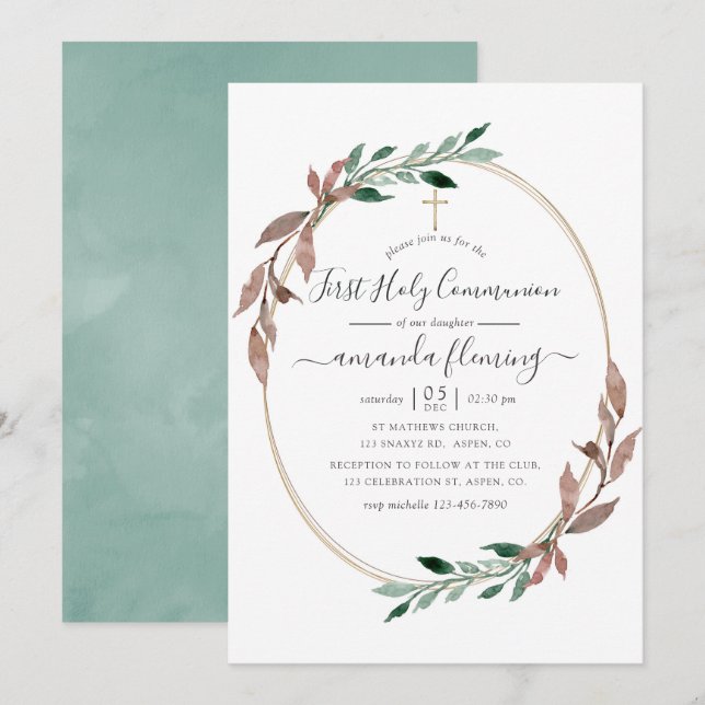 Invitation Aquarelle Verdure rustique Hiver Sainte Communion (Devant / Derrière)