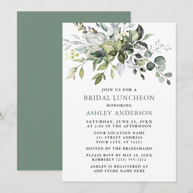 Invitation Aquarelle Verdure Sage Green Bridal Luncheon (Devant / Derrière)