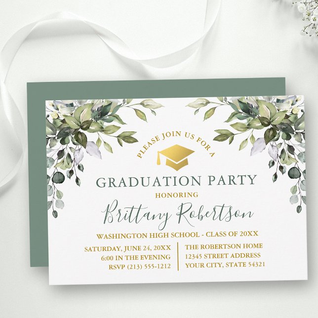 Invitation Aquarelle Verdure Sage Green Gold Grad Party (Customize to change text size, color, style or to change color of back of card.)