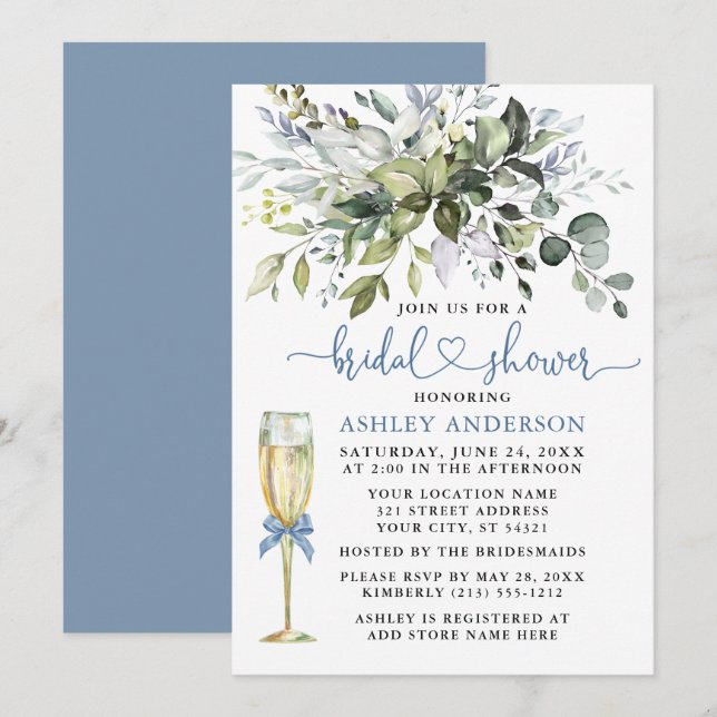 Invitation Aquarelle Verdure Verre Dusty Bleu Coeur Douche (Devant / Derrière)