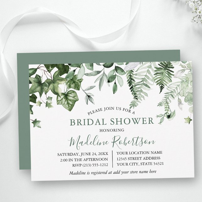 Invitation Aquarelle Verdure Vivy Ferns Sage Douche verte (Customize to change text size, style or color of back of card.)