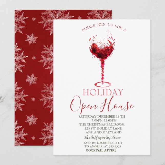 Invitation Aquarelle Verre Snowflakes Open House (Devant / Derrière)
