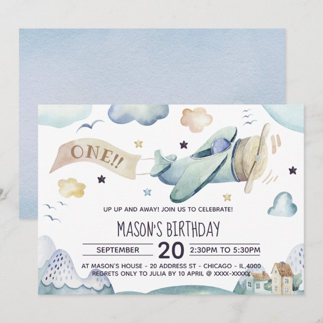 Invitation Aquarelle vers le haut et vers l'avant Avion fête  (Devant / Derrière)