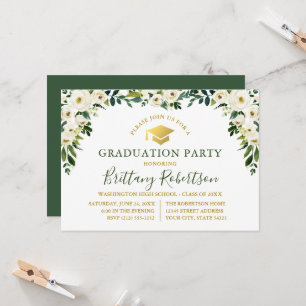 Invitation Aquarelle Vert Blanc Floral Gold Grad Party