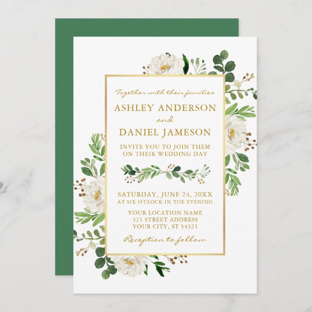 Invitation Aquarelle Vert Blanc Floral Mariage Or (Devant / Derrière)
