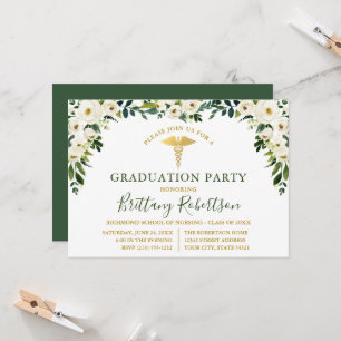Invitation Aquarelle Vert Blanc Floral Médicale Grad Party