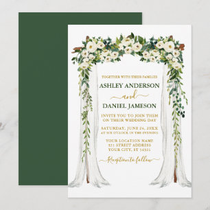 Invitation Aquarelle Vert Blanc Floral Or Mariage Canopée