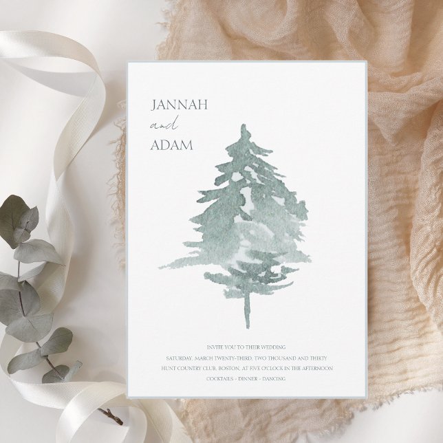 Invitation Aquarelle Vert Blanc Forêt Pins Mariage (Créateur téléchargé)