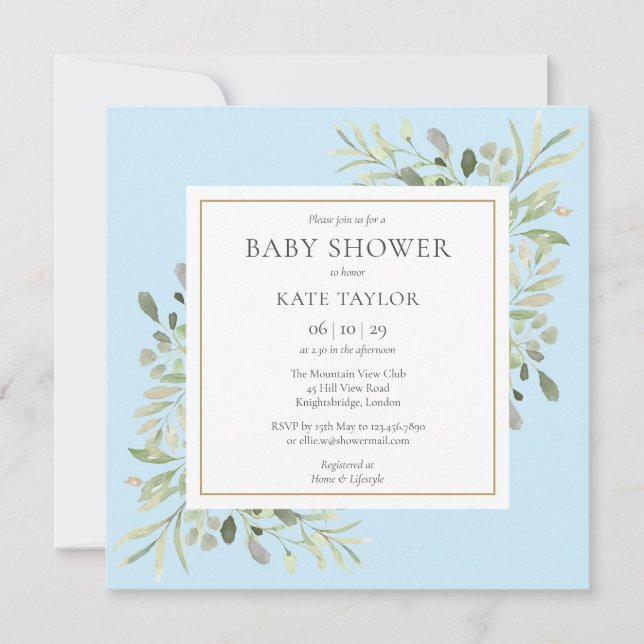 Invitation Aquarelle Vert Bleu Bébé Garçon Douche (Devant)