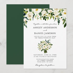 Invitation Aquarelle Vert Bouquet Floral Mariage élégant