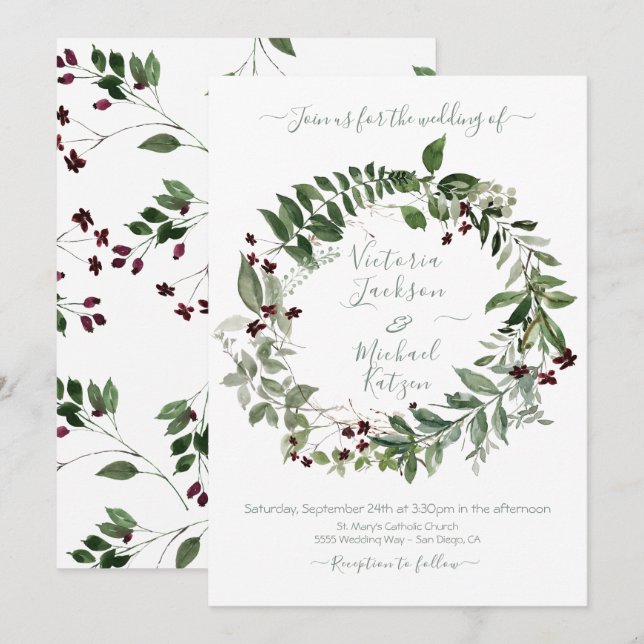 Invitation Aquarelle Vert Bourgogne Floral Mariage Wreath (Devant / Derrière)