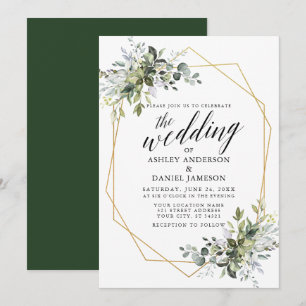 Invitation Aquarelle Vert calligraphie Mariage géométrique