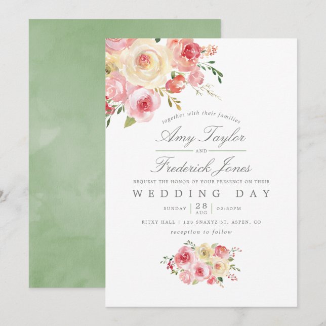 Invitation Aquarelle vert clair et gris Mariage floral (Devant / Derrière)