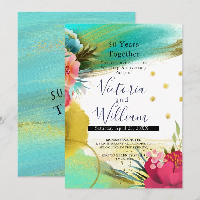 Invitation Aquarelle Vert Clair Or Rose 50e Anniversaire (Devant / Derrière)