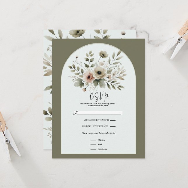 Invitation Aquarelle vert d'olive kaki RSVP florale (Devant/Arrière en situation)