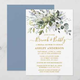 Invitation Aquarelle Vert Dusty Bleu Fête des mariées Or