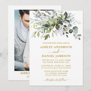 Invitation Aquarelle Vert Dusty Bleu Photo Mariage Or