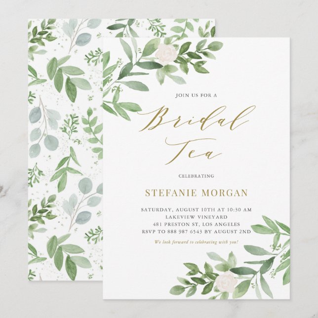Invitation Aquarelle vert et blanc Floral Tea nuptial (Devant / Derrière)
