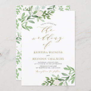 Invitation Aquarelle vert et fleurs blanches Mariage
