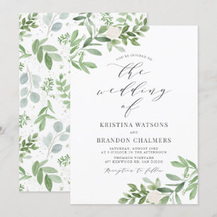 Invitation Aquarelle Vert et Fleurs blanches Mariage gris