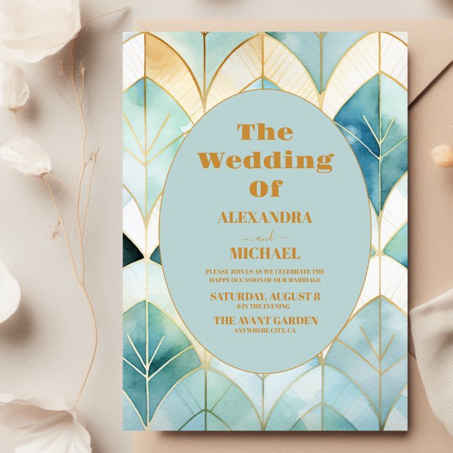 Invitation Aquarelle vert et or Art déco Mariage (Créateur téléchargé)