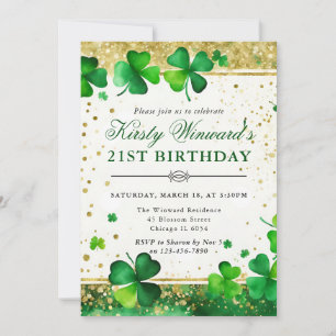 Invitation Aquarelle Vert et or Shamrock 21e anniversaire