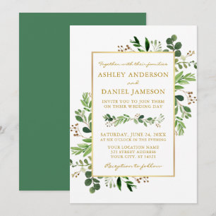 Invitation Aquarelle Vert Eucalyptus Mariage Or