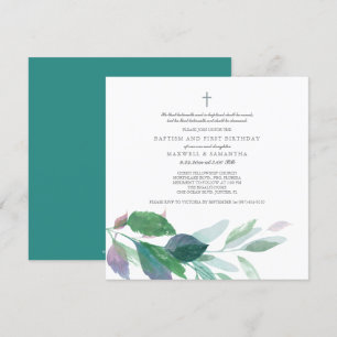 Invitation Aquarelle Vert Feuille jumeaux Baptême