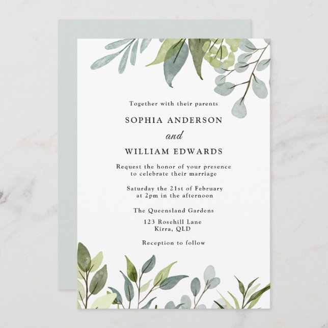 Invitation Aquarelle Vert Feuille Mariage moderne (Devant / Derrière)