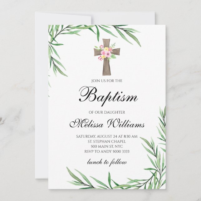 Invitation Aquarelle Vert Fleurs Fille Baptême (Devant)