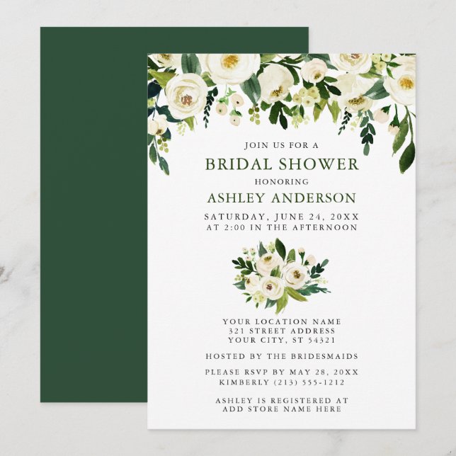Invitation Aquarelle Vert Floral Elégante Fête des mariées (Devant / Derrière)