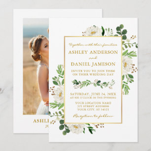 Invitation Aquarelle Vert Floral Photo Mariage Or