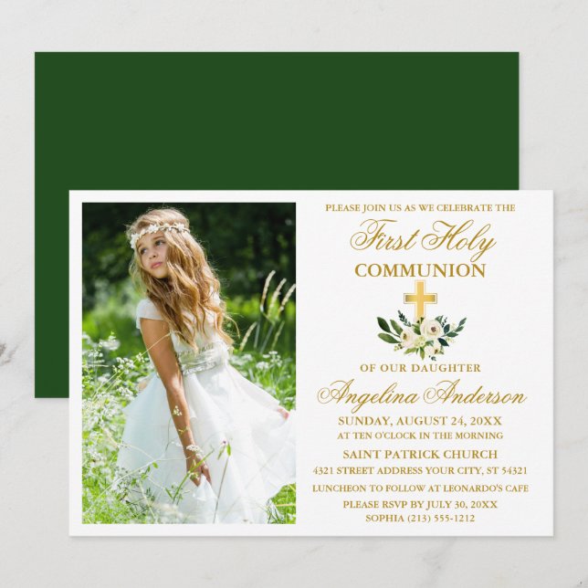 Invitation Aquarelle Vert Floral Première Sainte Communion (Devant / Derrière)