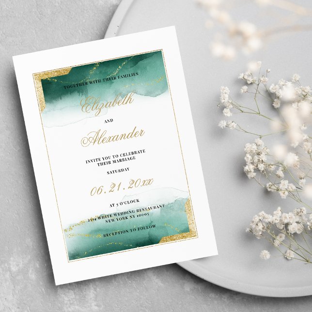 Invitation Aquarelle vert foncé blanc or parties scintillant  (Watercolor dark green white gold glitter wedding)