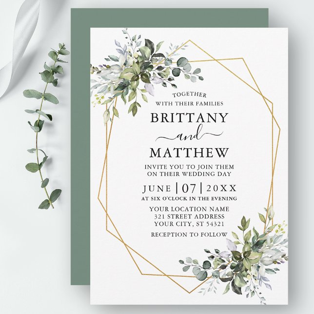 Invitation Aquarelle Vert Geo Cadre Sage Vert (Customize to change text color, style, add text & photos to back or change color of back of card.)