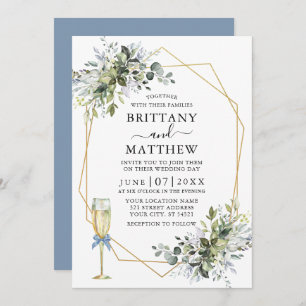 Invitation Aquarelle Vert Geo Cadre Verre Bow Dusty Bleu