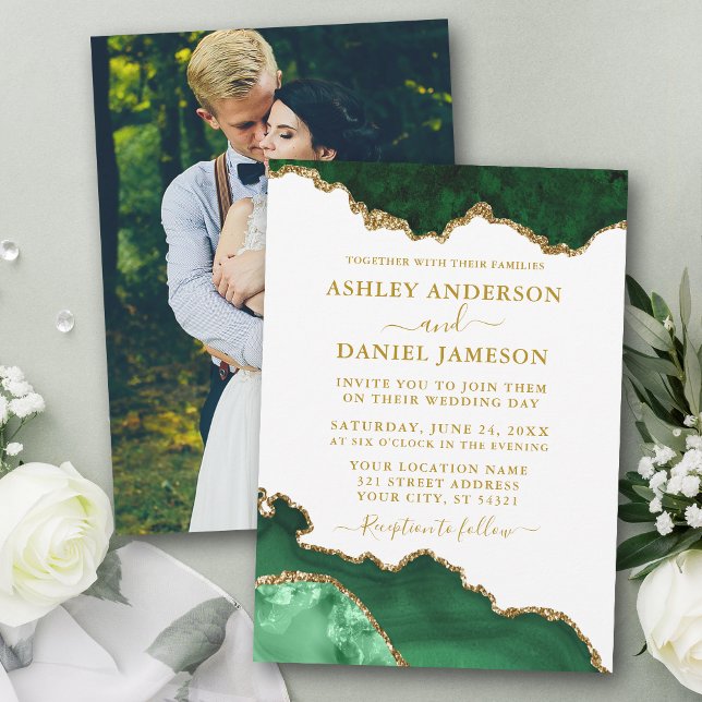 Invitation Aquarelle Vert Marbre Blanc Or Marbre Photo Mariag (Customize to change text color, size or text style.)