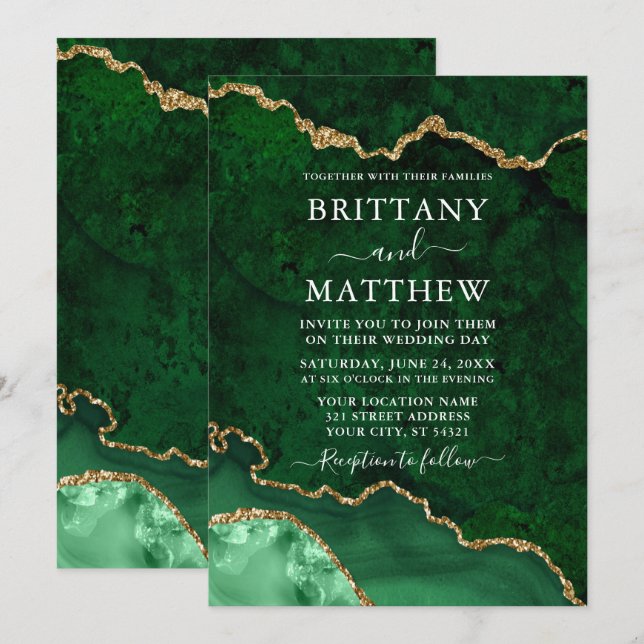 Invitation Aquarelle Vert Marbre Or Géode Agate Mariage (Devant / Derrière)