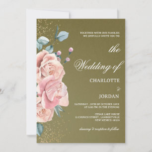 Invitation Aquarelle Vert Olive Et Mariage Rose